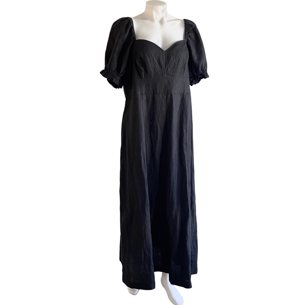 Boden Black 100% Linen Puff Sleeve Sweetheart Maxi Dress US 14 L D0499